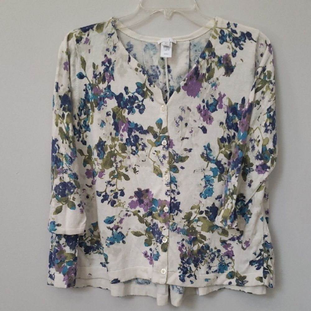 J Jill Cardigan Sweater Womens LP Floral 3/4 Sleeve Swing Pleat